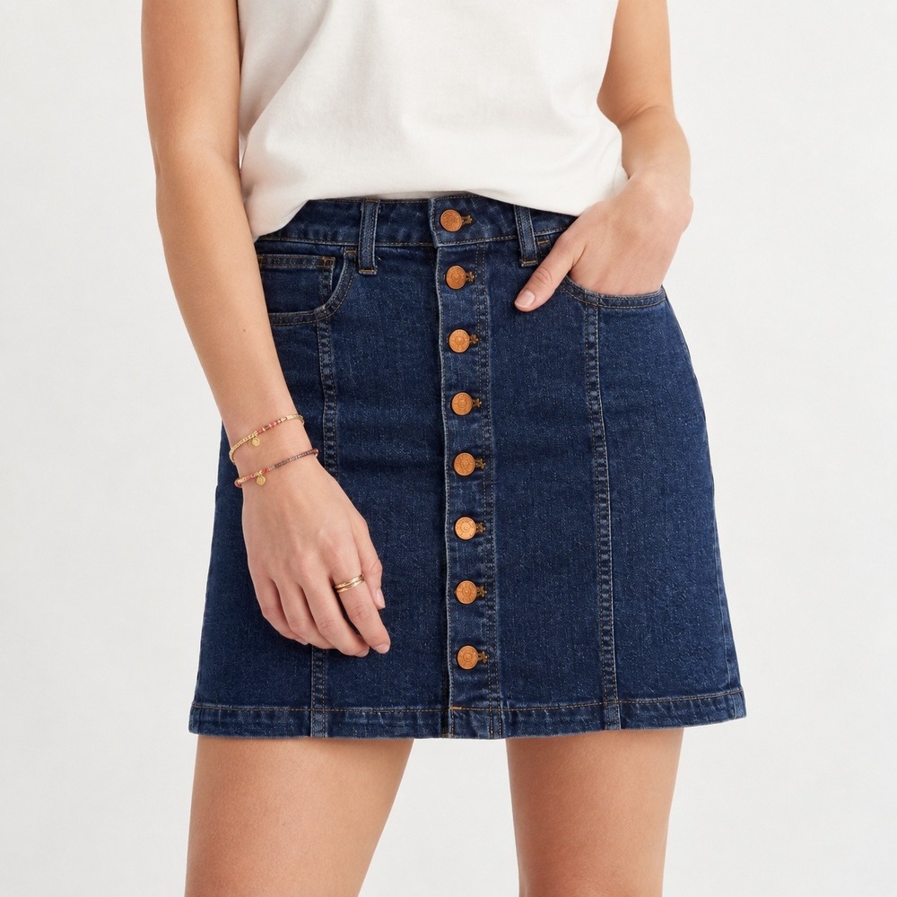 Madewell Dark Wash Button Front Denim Mini Skirt Size 25 Indigo High Rise